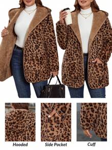 SHEIN Clasi 1pc Plus Size Hooded Zip-Up Cardigan With Leopard Print & Pockets, Casual, For Winter Fall Autumn - Brown - View 2