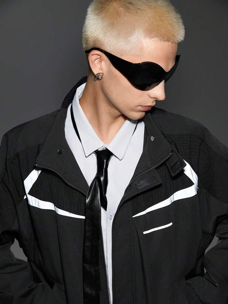 Men's Street-Style Woven Panel Stand Collar Zip-Up Jacket, Suitable For Autumn/Winter