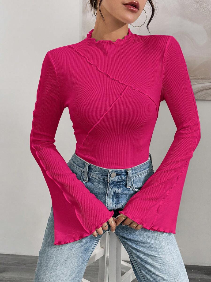 SHEIN Essnce Women's Spring/Summer Solid Color Stand Collar Long Sleeve Slim Fit T-Shirt With Ruffled Edge - Hot Pink - View 1