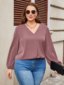 EMERY ROSE بلوزة كاجوال بأكمام طويلة مصباح زفت بياقة على شكل V للمقاسات الكبيرة ، ربيع/خريف