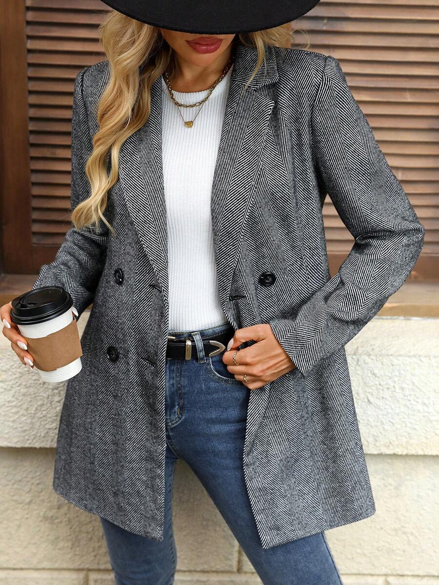 SHEIN LUNE Single Button Plaid Coat - Black and White - View 1