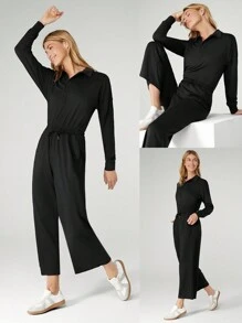 GLOWMODE Cloudknit Be Relaxed Adjustable Drawstring Waist Wide-Leg Lapel Long Sleeve Jumpsuit Bodysuit With Side Pockets Daily Casual