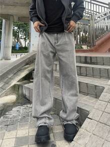 Claim Dot Men Loose Casual Versatile Wide-Leg Denim Pants - Light Grey - View 4