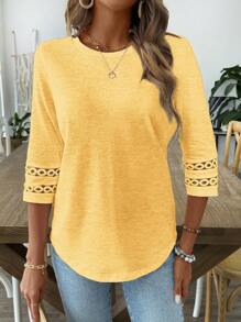 EMERY ROSE Casual Solid Color Curved Hem T-Shirt, Spring Autumn - Mustard Yellow - View 4