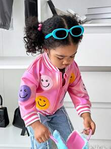 SHEIN Explorewe Chaqueta de manga larga con cara sonriente bordada para bebés niñas, otoño/invierno - Rosa - Ver 4