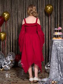 SHEIN Vestido longo elegante Borgonha para meninas pré-adolescentes, adequado para baile de formatura, festa, aniversário, eventos de feriados como Halloween, Natal, Páscoa