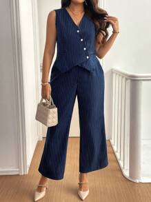 Franclia Plus Size Front Button Sleeveless Striped Top And Casual Pants 2pcs Set