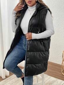 SHEIN VCAY Plus Size Solid Color Sleeveless Front Zipper Minimalistic Hooded Padded Coat