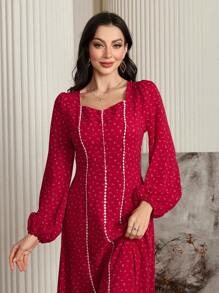 Modelyn 女士碎花荷叶边领灯笼袖优雅阿拉伯朴素长袖连衣裙 - 紅色 - 查看 6