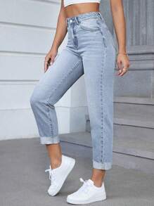 SHEIN Essnce Pantalon denim court et décontracté pour femmes avec ourlet roulé et poches