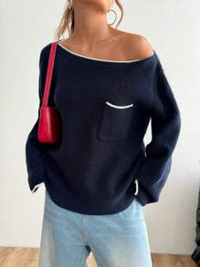 Flirla Suéter holgado de punto con bolsillo, de manga larga, con borde de color contrastante, para mujer, de otoño e invierno