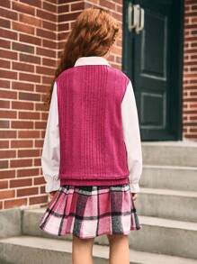 SHEIN 2pcs Tween Girls Preppy Commuter Casual Faux-2pcs Knit Vest, Shirt & Plaid Skirt Set - Hot Pink - View 2