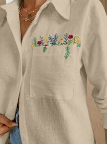 EURMUSE LUNE Flower Embroidered Special Fabric High Quality Linen Look Summer Shirt - Beige - View 4