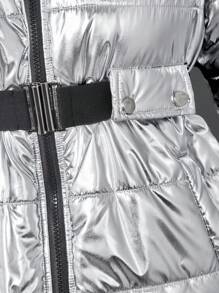 SHEIN Tween Girls 光面涂层防风防水拉链夹棉大衣，秋冬季保暖 - 銀色 - 查看 6