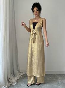 Chiquease 女式无袖前系带短款上衣和裤子套装，适合新年节日聚会服装 - 金色 - 查看 3