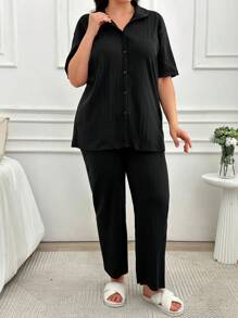 EURMUSE Plus Button Down Shirt Style 2 Piece Pajamas Set - Black - View 3