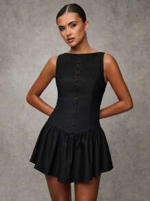 SHEIN BAE 女士纯色荷叶边下摆圆领无袖优雅迷你连衣裙，黑色返校节礼服，返校节礼服，短款礼服，黑色迷你连衣裙 - 黑色 - 查看 4