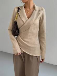 Chiquease 纯色长袖简约时尚交叉毛衣，长袖上衣 - 杏色 - 查看 6