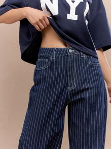 MISSGUIDED Pinstripe Straight Fit Jeans - Blue and White - View 3