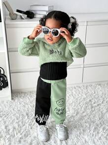 SHEIN Explorewe 2 件装女婴街头时尚羊毛长袖上衣和拼色裤子套装，秋冬季户外服装 - 綠色 - 查看 3
