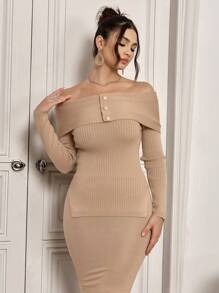 Modelyn 2pcs Women Solid Color Off-Shoulder Long Sleeve Sweater And Long Maxi Skirt Set, Elegant Outfit 2 Pieces Set - Khaki - View 5