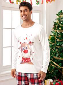 Manfinity Men's Funny Cartoon Reindeer Plaid Print Christmas Pajama Set, Fall Winter Clothes - Red and White - View 7
