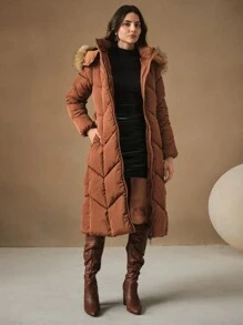 Anewsta Long Brown Thicken Detachable Fluffy Collar Belt Waisted Double Zipper Padded Coat