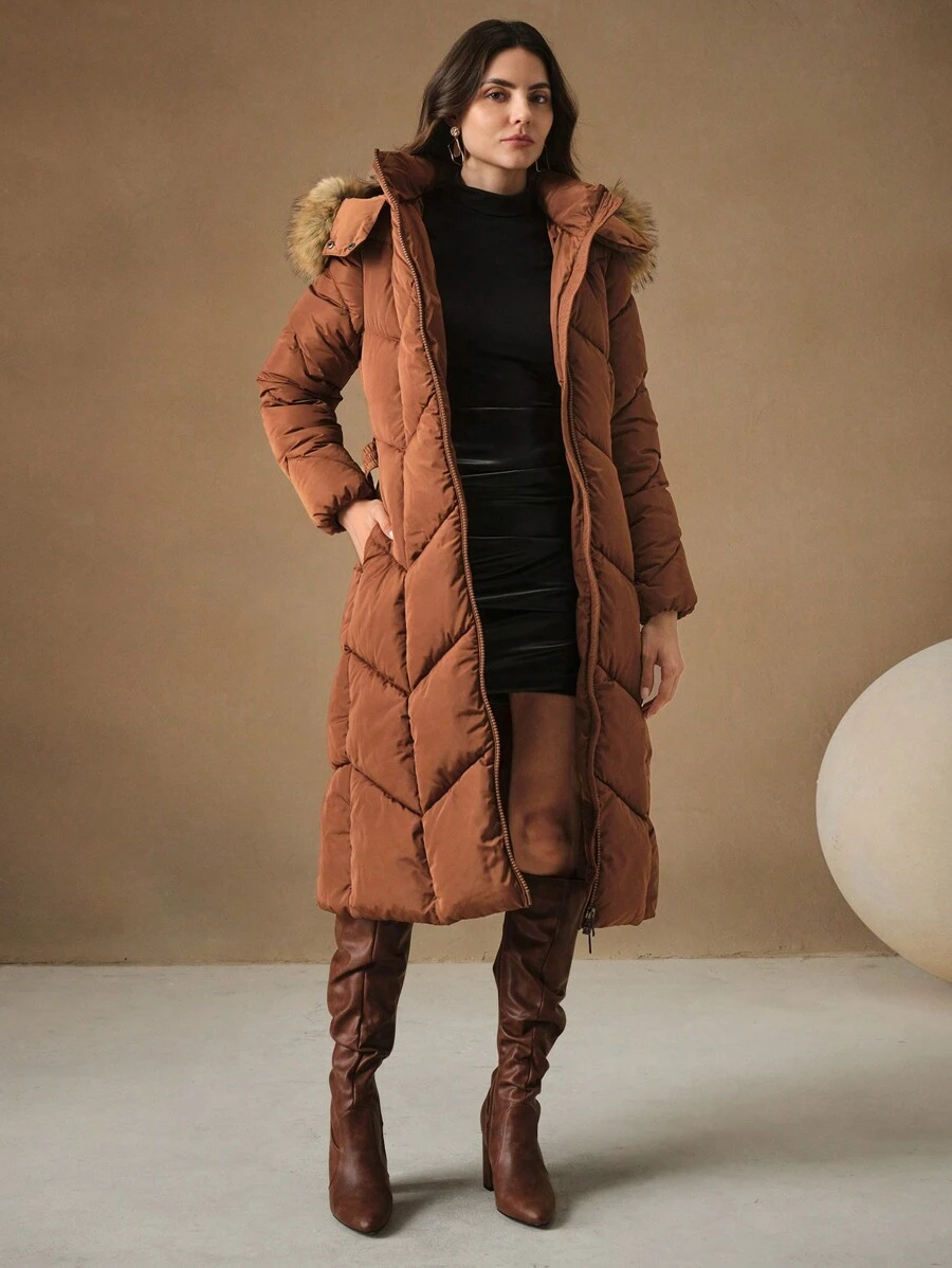 Anewsta Long Brown Thicken Detachable Fluffy Collar Belt Waisted Double Zipper Padded Coat