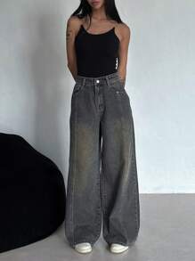 DAZY 女士秋季新款休闲直筒牛仔裤、宽松牛仔裤 - 藍色 - 查看 6