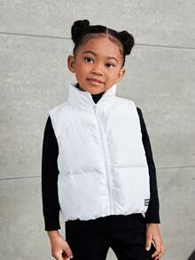 SHEIN Leap Crew Chaqueta acolchada sin mangas con cuello alto para niñas jóvenes, otoño (9), invierno (2), blanco - Blanco - Ver 3