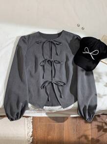 SHEIN EZwear 大码复古领带蝴蝶结灯笼袖西装外套 - 深灰色 - 查看 4