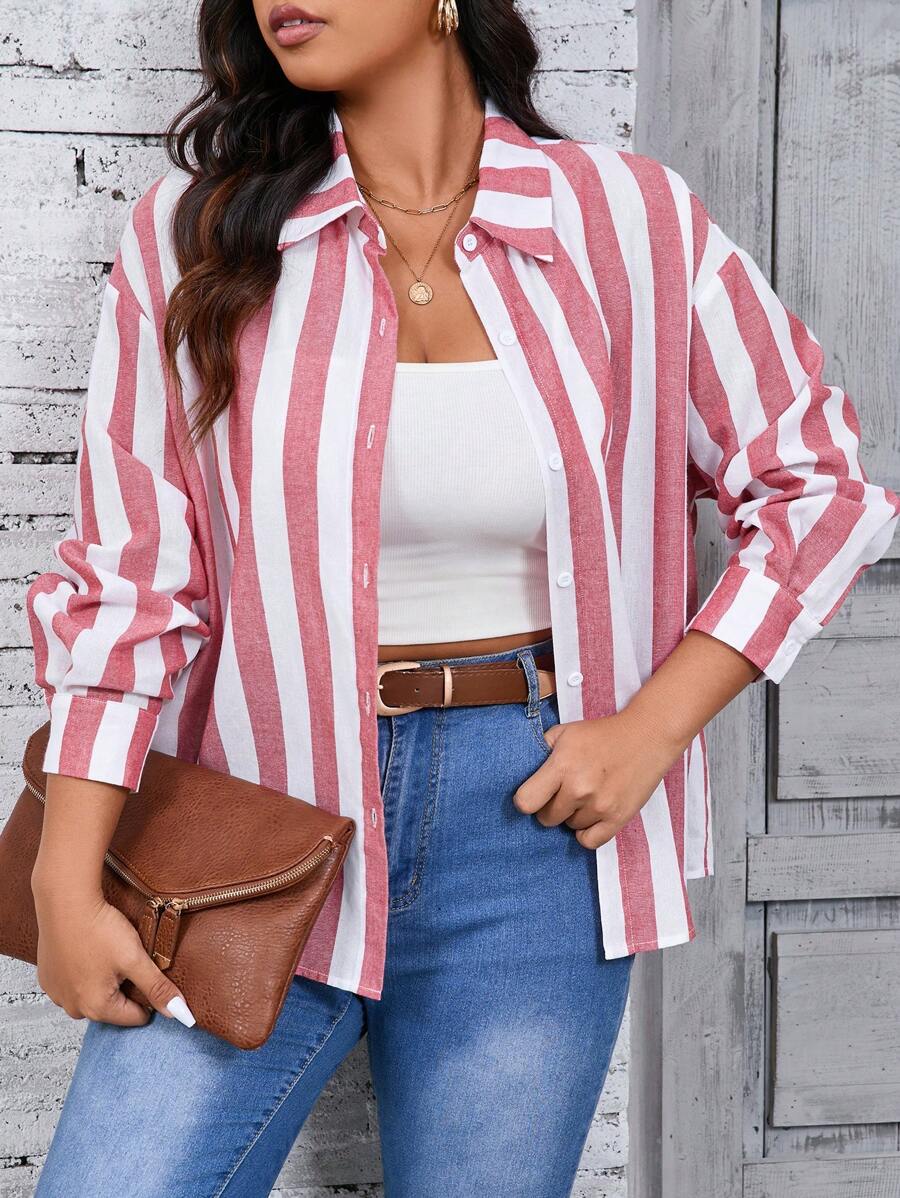 SHEIN LUNE 加大號條紋印花鈕前襯衫 - 彩色 - 查看 1