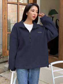 DAZY Women's Casual Loose Fit Letter Embroidered Drop Shoulder Sweatshirt, Autumn/Winter,Fall Women Clothes - Navy Blue - View 3