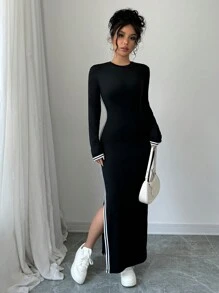 Selianne Vestido largo de mujer con cuello redondo, manga larga, abertura lateral única y diseño de parches en contraste de color - Negro - Ver 5