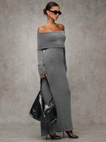 SHEIN BAE 女士优雅灰色露肩修身长款秋季连衣裙、优雅女士连衣裙、秋季婚礼宾客连衣裙、寒冷天气服装、冬季女士连衣裙、优雅连衣裙、节日连衣裙、圣诞派对连衣裙、新年前夜连衣裙 - 灰色 - 查看 7