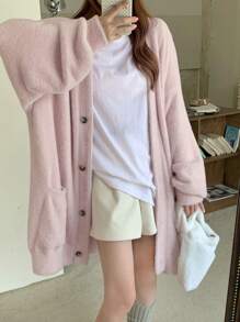 DAZY 女式 V 领长袖超大休闲开衫、七分袖上衣夹克秋冬 - 粉色 - 查看 7