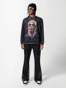 SHEIN 青少年男童休闲时尚人像图案长袖卫衣 - 黑色 - 查看 3