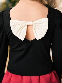 SHEIN 年轻女孩针织撞色镂空蝴蝶羊腿袖修身休闲 T 恤，适合圣诞节 - 黑色 - 查看 3