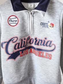 Young Boy Casual Sports Letter Print Half-Zip Collar Sweatshirt. The Letter Printed Design On The Sweatshirt Showcases A Sporty Style, And The Half-Zip Collar Design Is Fashionable And Casual. Suitable For Young Boys To Wear In Daily Life, Creating A Relaxed And Sporty Atmosphere - Light Grey - View 5