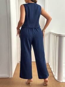 Franclia Plus Size Front Button Sleeveless Striped Top And Casual Pants 2pcs Set