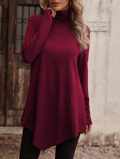 EMERY ROSE Camiseta casual de cuello alto de manga larga y dobladillo asimétrico de unicolor para mujer, primavera y verano