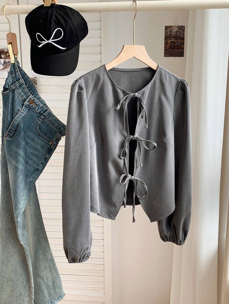 SHEIN EZwear 大码复古领带蝴蝶结灯笼袖西装外套 - 深灰色 - 查看 1