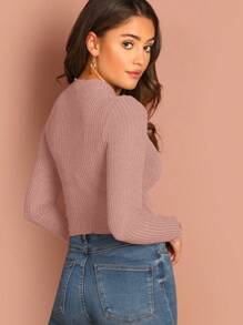 SHEIN Essnce Kaos Wanita Lengan Panjang Potongan Pendek dengan Kerah Bulat Polos, Musim Semi/Musim Panas - Dusty Pink - View 2