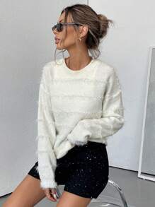 Aveloria Oversized Round Neck Metallic Striped Fuzzy Pullover Sweater Knit Pullover Fall Winter Outfit - White - View 3