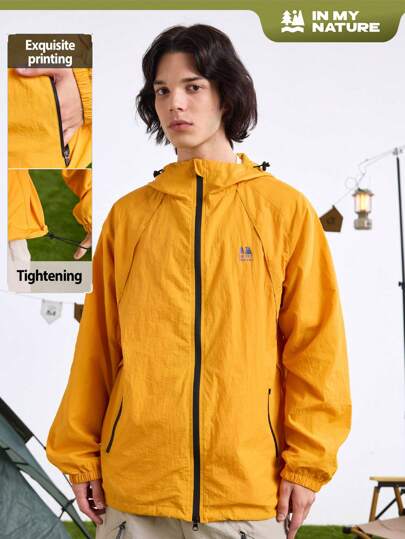 In My Nature Chaqueta casual suelta de manga raglan con capucha y estampado de letras para hombres, manga larga naranja