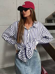 EMERY ROSE Camisa de manga larga informal con botones y rayas de color contrastante oversize para mujer - Azul Marino - Ver 6