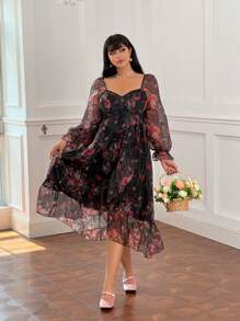 Lyrianda Plus-Size Elegant Floral Print Long Sleeve Dress, Spring & Fall