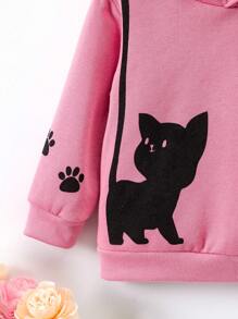 SHEIN Elladie kids 年轻女孩休闲可爱猫咪印花连帽羊毛套头衫，秋冬 - 粉色 - 查看 3