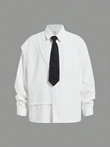 2pcs Tween Boys Casual Korean Style Collared Solid Woven Shirt With Knitted Vest & Solid Woven Straight Leg Pants Set - Multicolor - View 12