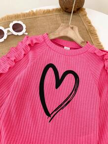 SHEIN 女小童愛心圖案荷葉邊插肩袖運動衫和緊身打底褲 - 玫紅色 - 查看 5